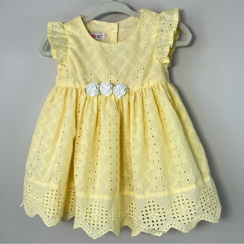 Baby Girl 6-9M Butter Yellow Schiffli Eyelet Dress White Flowers Cottagecore